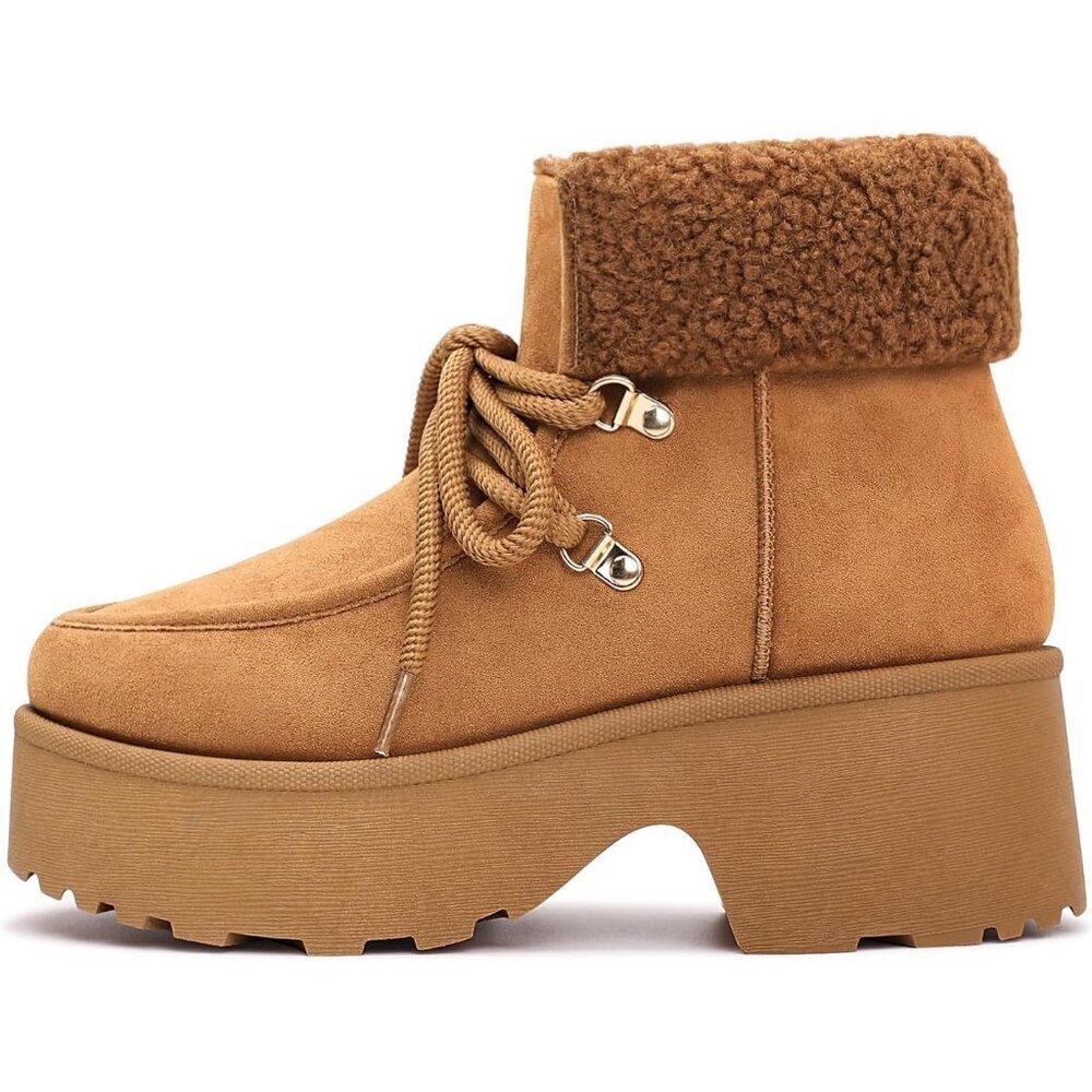Women's Brown Platform Lace Up Snow Boots with Zipper & Chunky Heels - Picture 6 of 6